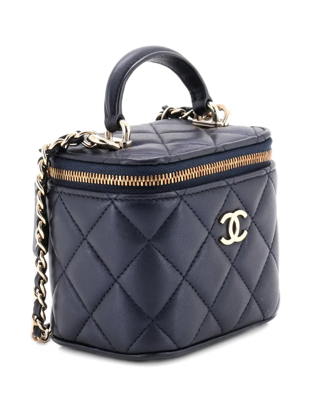  Chanel Pre-owned Classic Top Handle Vanity Case With Chain Quilted Lambskin Mini Crossbody Bag - Blue 