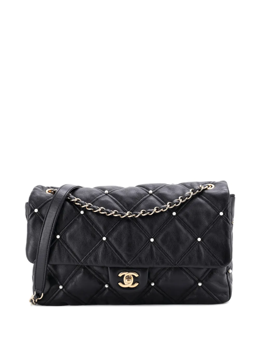 CHANEL Pre-Owned CC Flap Bag Pearl Studded Quilted Lambskin Medium shoulder bag - Nero