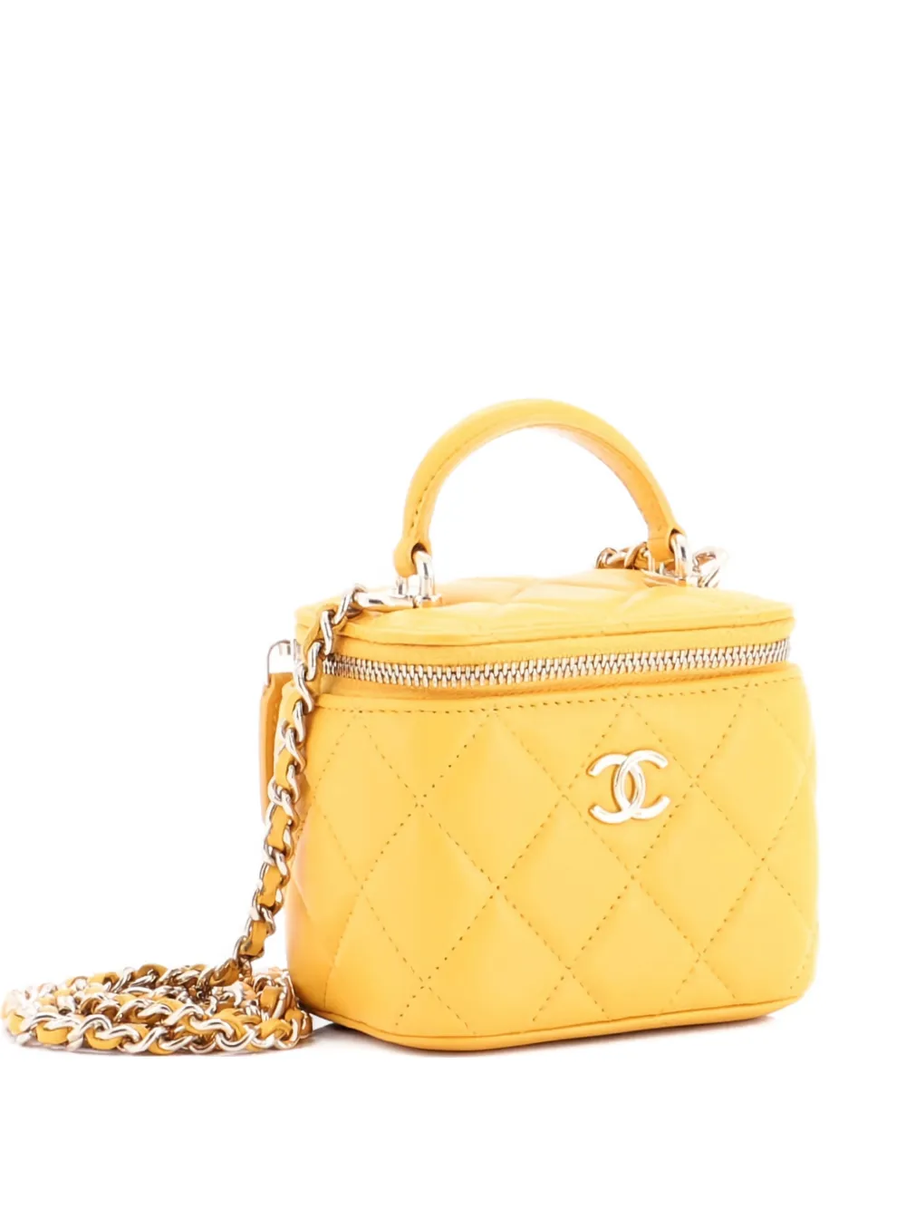 CHANEL Pre-Owned Borsa a tracolla Vanity Case mini in pelle di agnello trapuntata con manico - Giallo