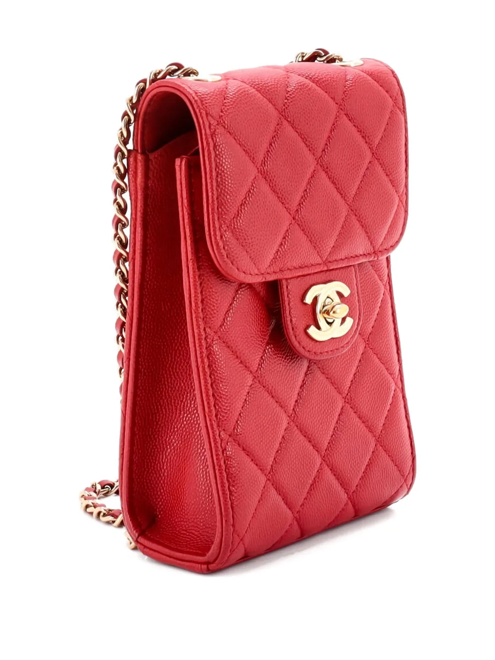 Pre-owned Chanel Cc Flap Phone Holder Crossbody Bag Quilted Caviar Clutch Bag In Red