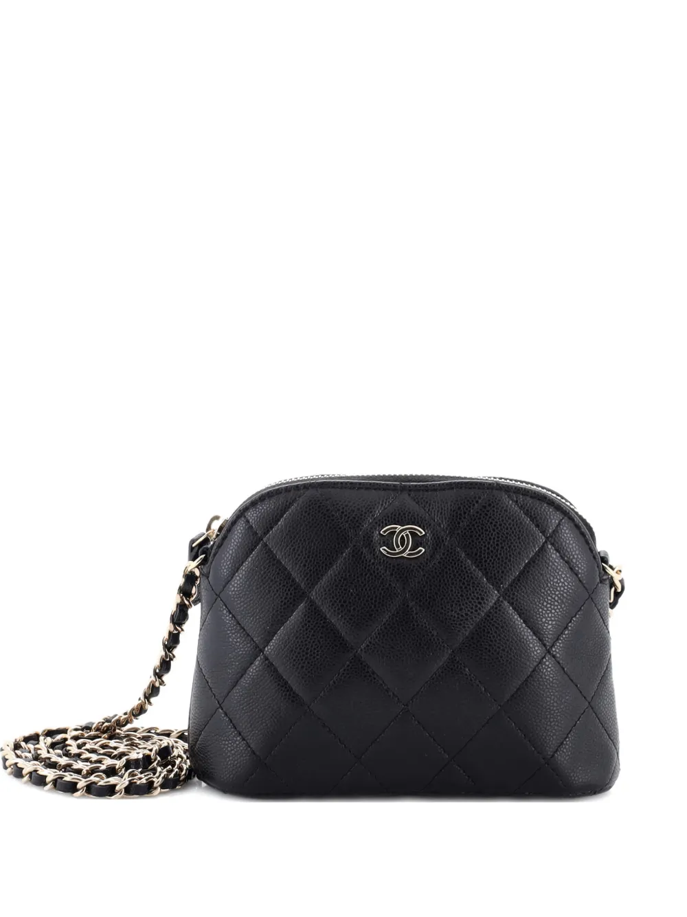 Pre-owned Chanel Cc Dome Zip Clutch With Chain Quilted Caviar Mini Crossbody Bag In Black