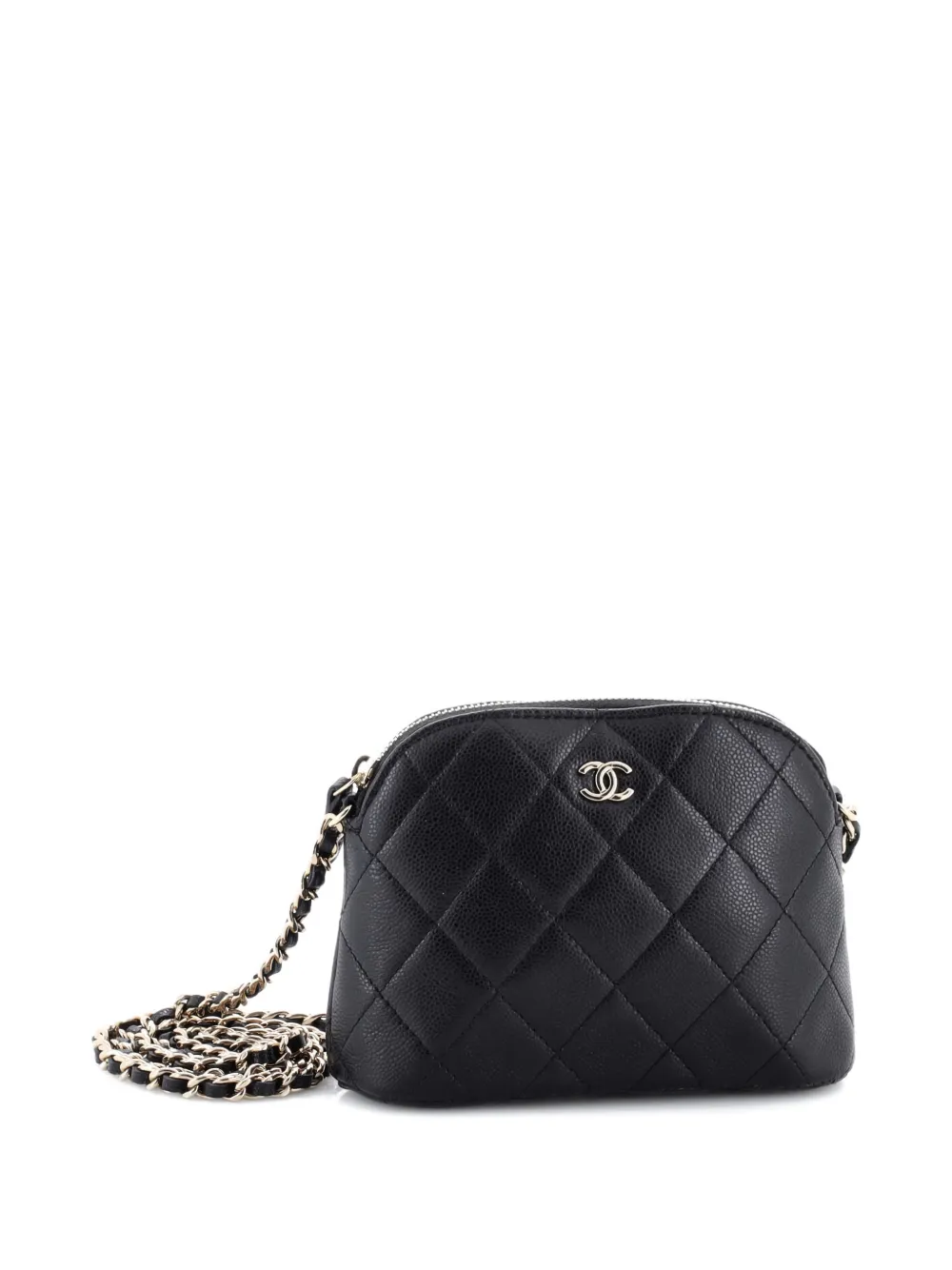 Pre-owned Chanel Cc Dome Zip Clutch With Chain Quilted Caviar Mini Crossbody Bag In Black
