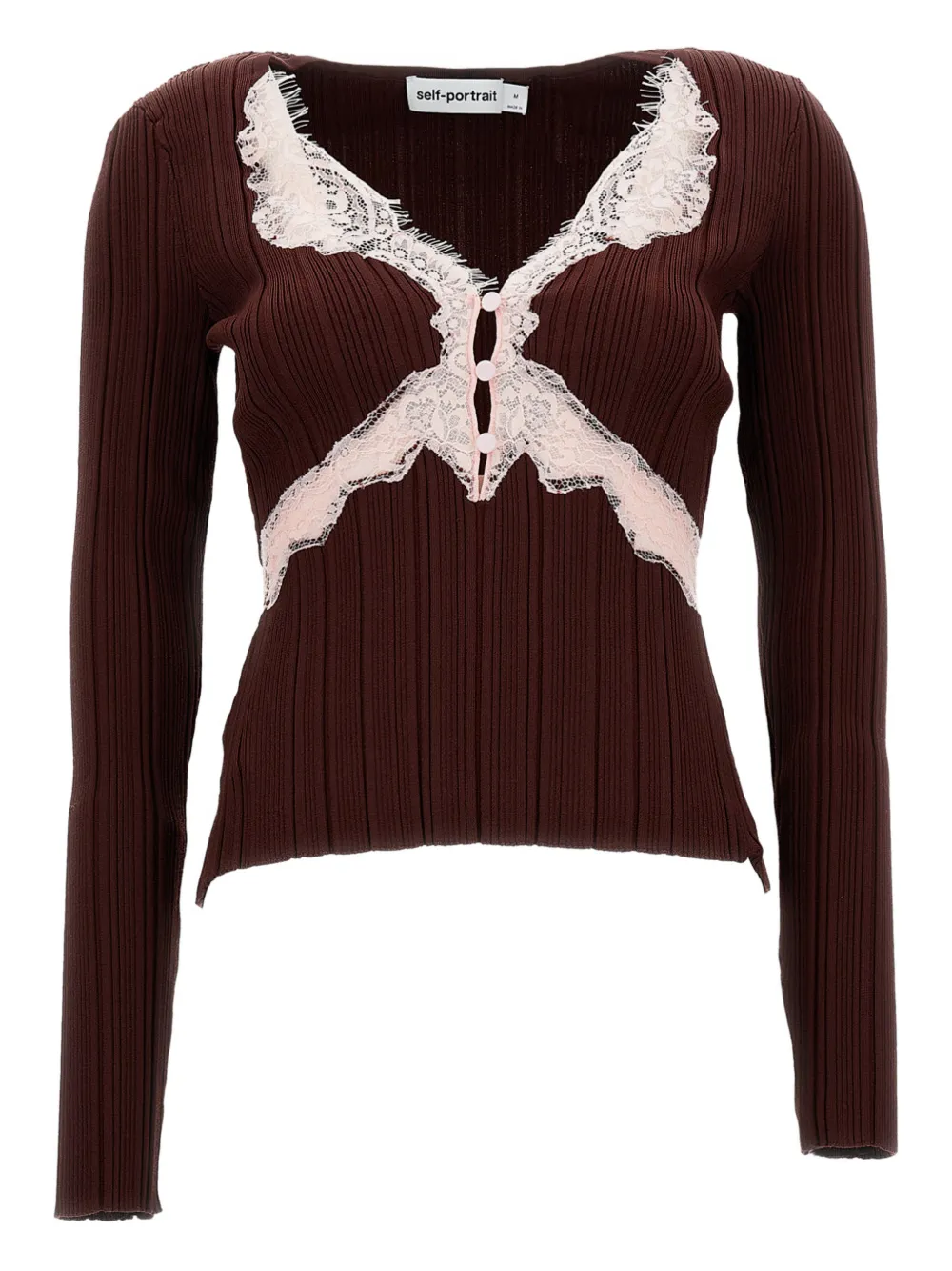 Self-Portrait lace-inserts V-neck T-shirt - Marrone