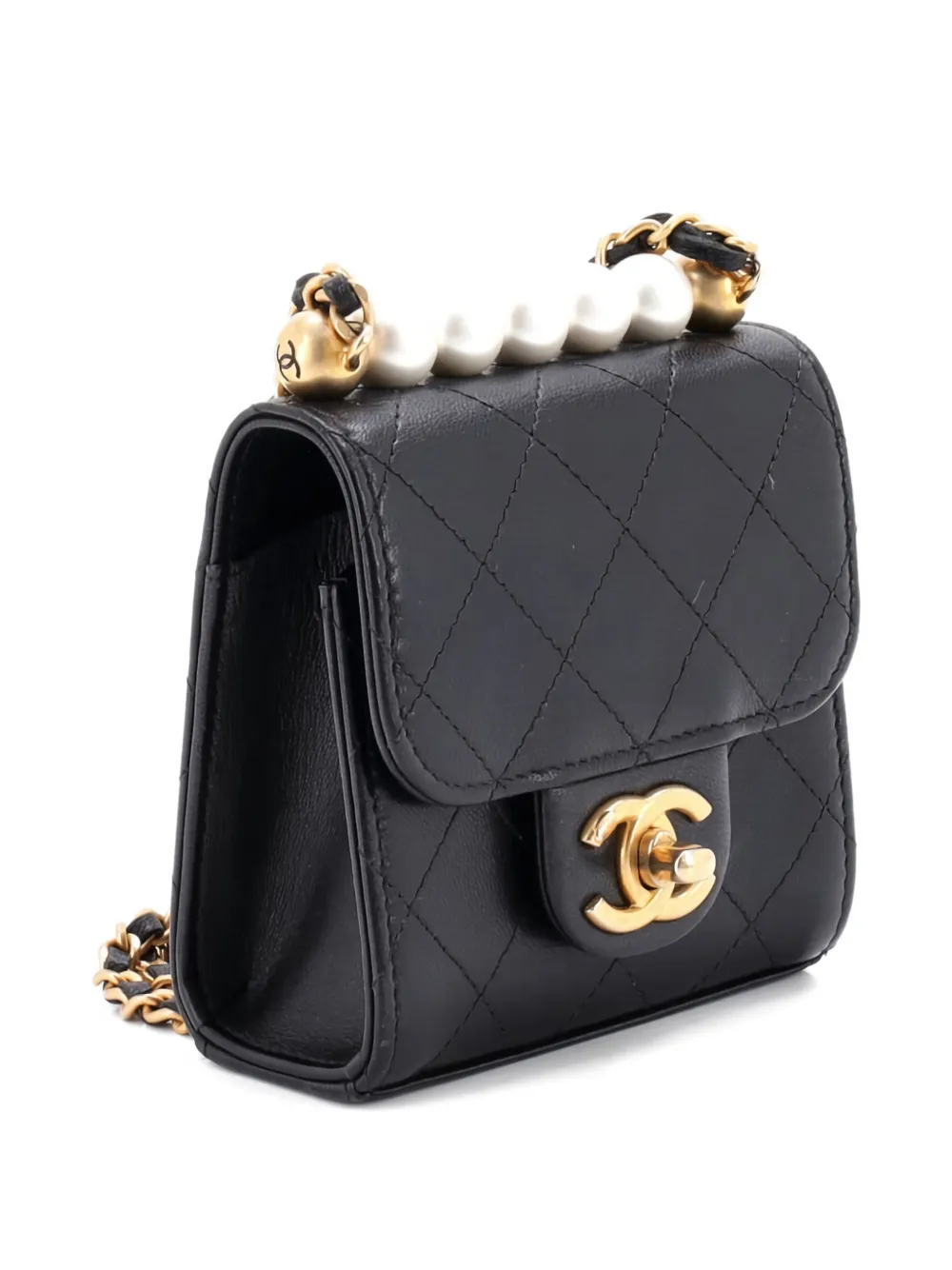 Pre-owned Chanel Chic Pearls Flap Clutch With Chain Quilted Goatskin Mini Crossbody Bag In Black
