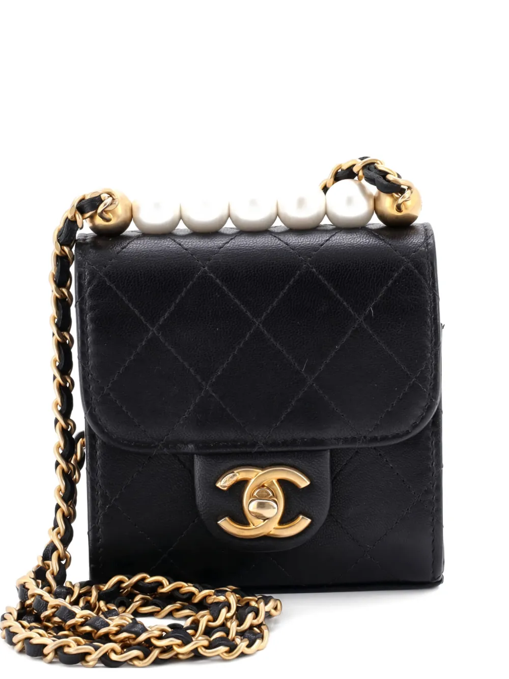 Pre-owned Chanel Chic Pearls Flap Clutch With Chain Quilted Goatskin Mini Crossbody Bag In Black