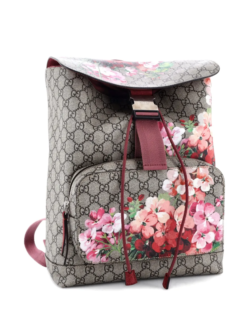 Pre-owned Gucci Buckle Blooms Print Gg Coated Canvas Medium Backpack In Brown
