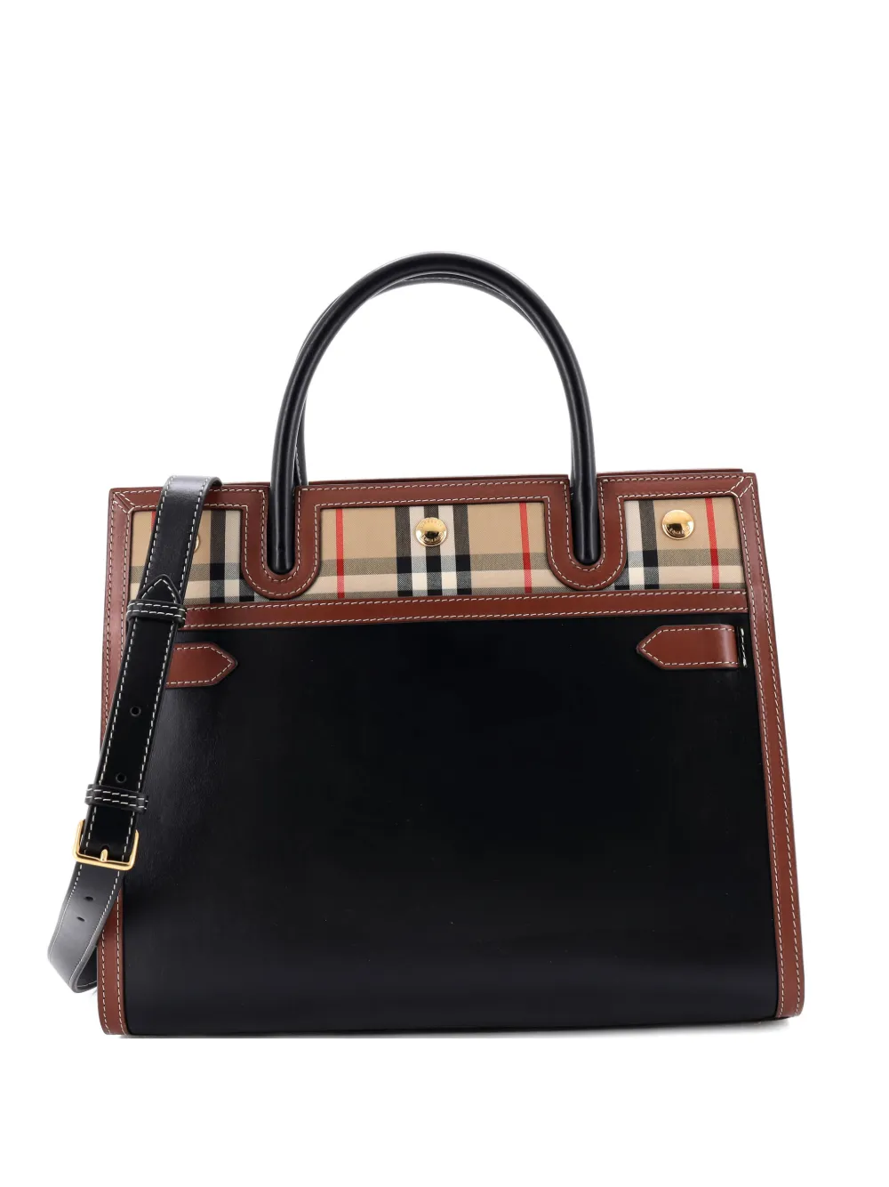 Burberry Pre-Owned Title Two Handle Tote Leather with Vintage Check Canvas Small satchel - Nero