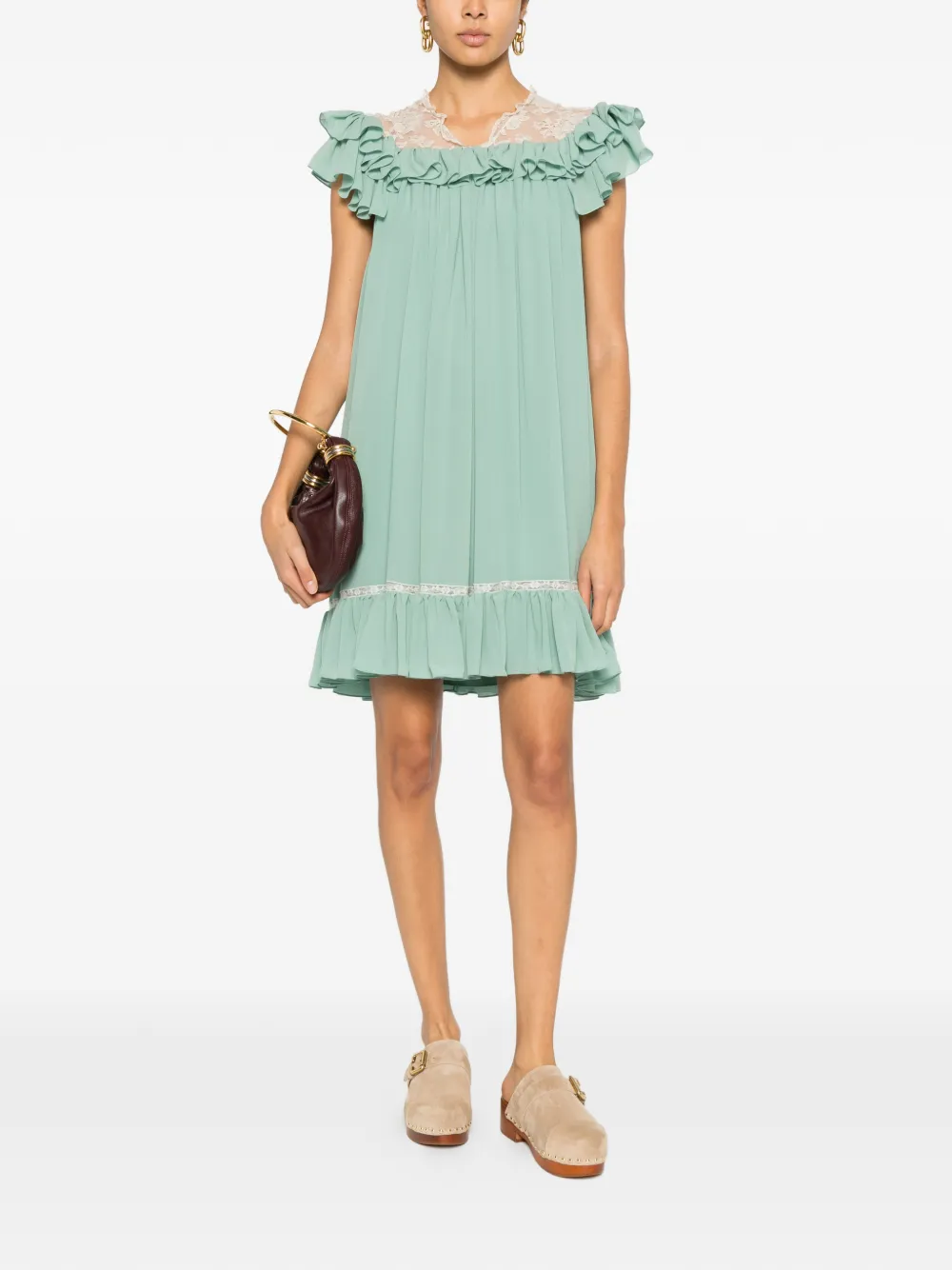 Chloé ruffled lace mini dress - Groen