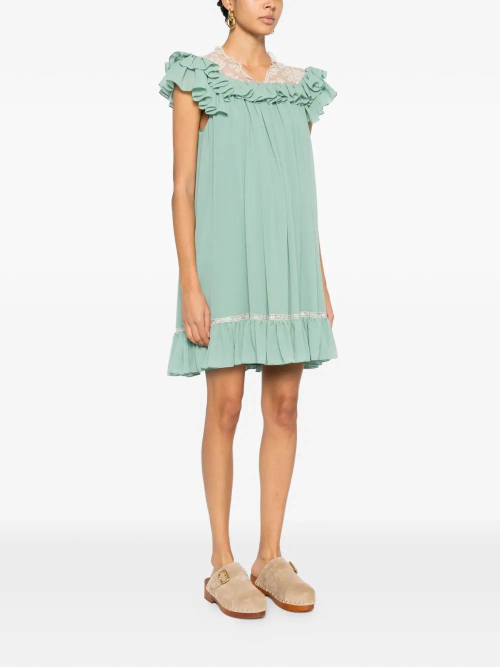  Chloé Ruffled Lace Mini Dress - Green 