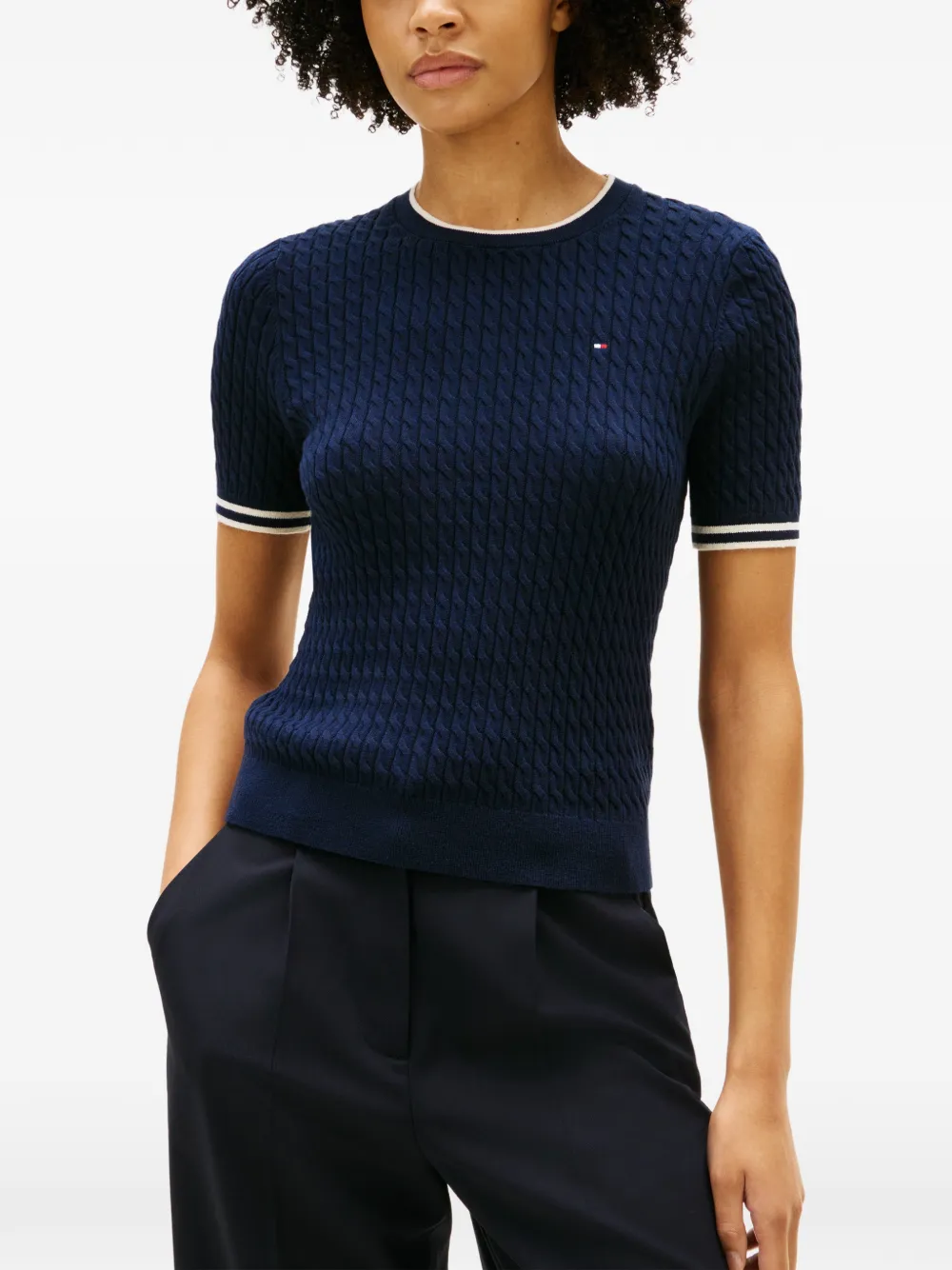 Tommy Hilfiger cable-knit striped-trims short-sleeved sweater - Blu