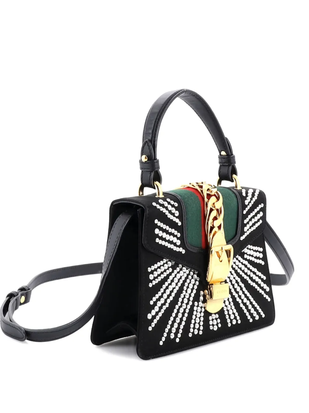 Pre-owned Gucci Sylvie Top Handle Bag Crystal Embellished Satin Mini Satchel In Black