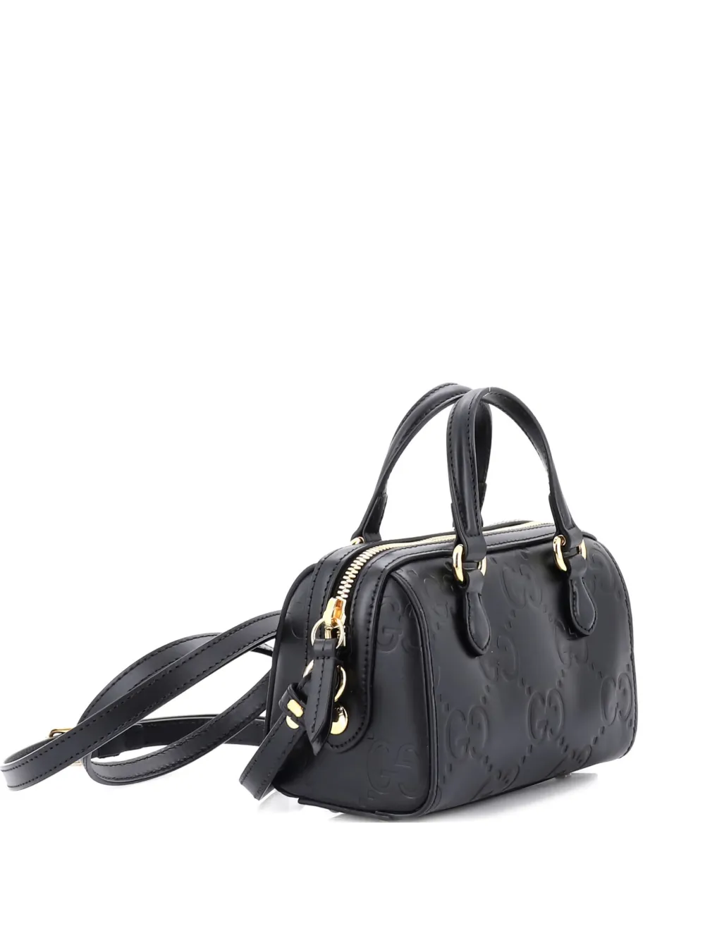 Pre-owned Gucci Convertible Top Handle Bag Jumbo Gg Embossed Leather Mini Satchel In Black