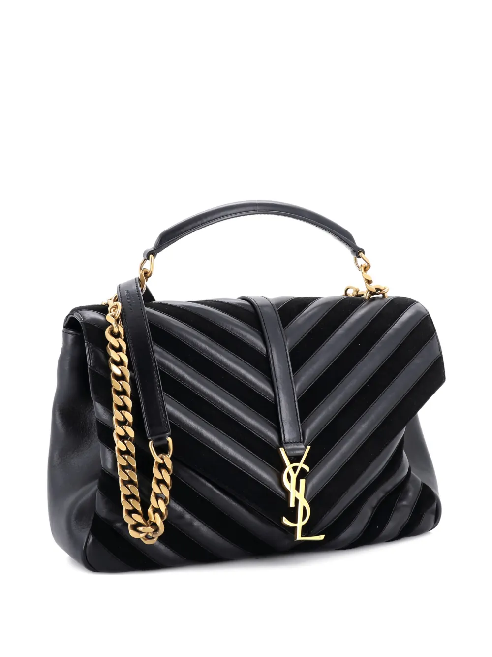 Saint Laurent Pre-Owned Classic Monogram College Bag Matelasse Chevron Leather and Suede Large satchel - Nero