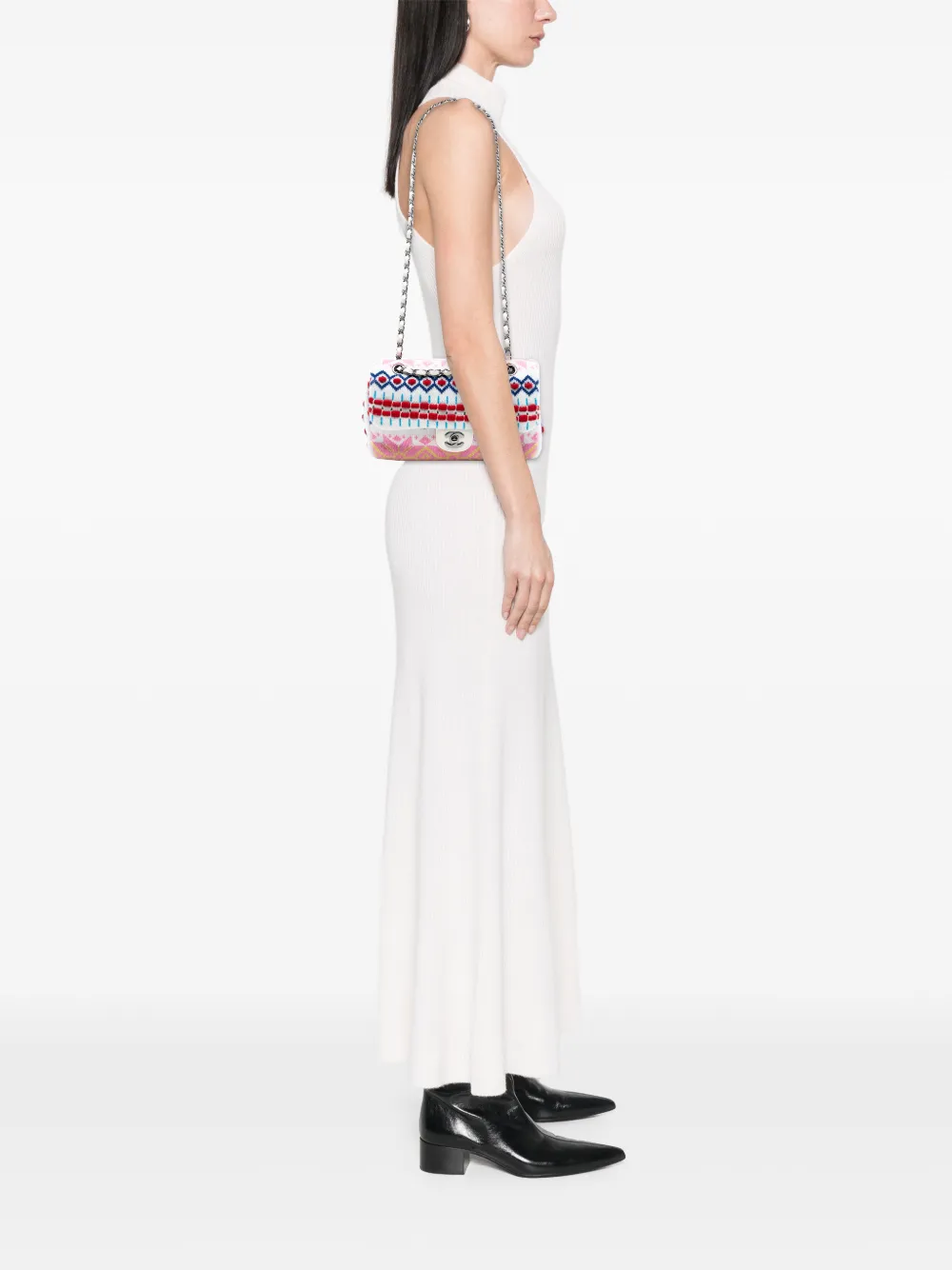 Pre-owned Chanel 2015-2016 Medium Classic Multicolor Cashmere Knit Single Flap Shoulder Bag In White