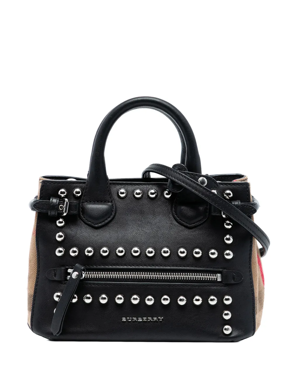 Pre-owned Burberry 2015 Baby Banner Studded Leather And House Check Tote Satchel In Brown