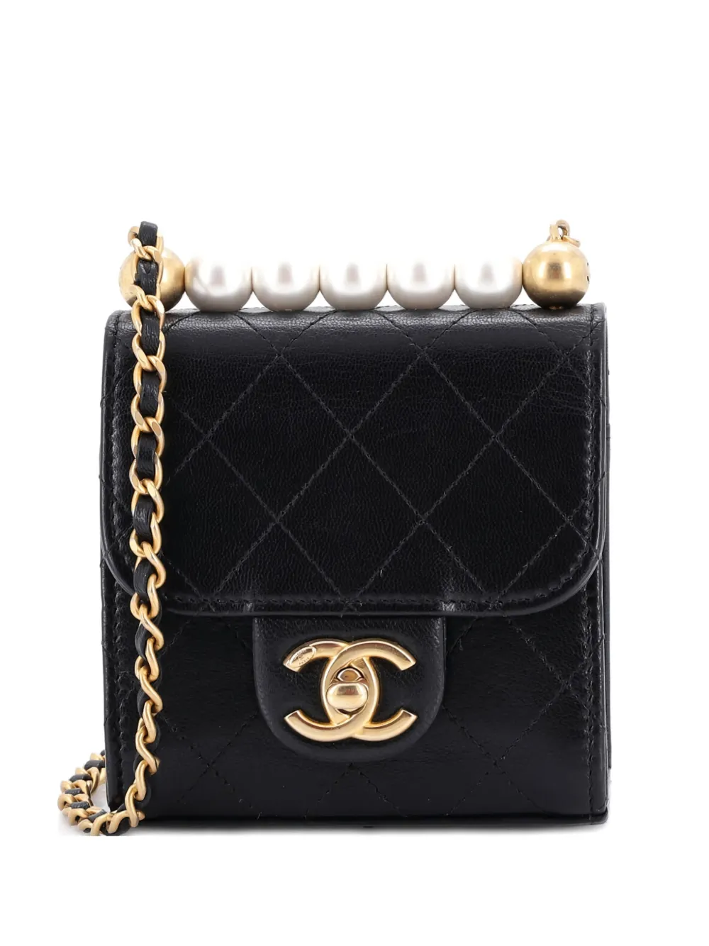 Pre-owned Chanel Chic Pearls Flap Clutch With Chain Quilted Goatskin Mini Crossbody Bag In Black