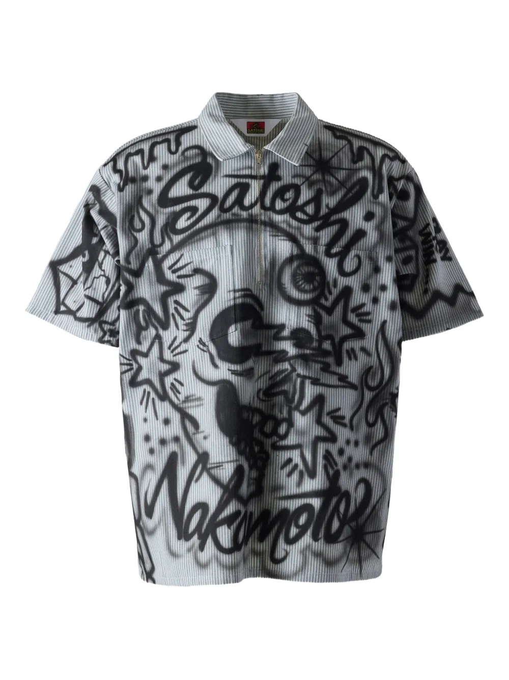 SATOSHI NAKAMOTO pinstripe graphic polo shirt - Grigio