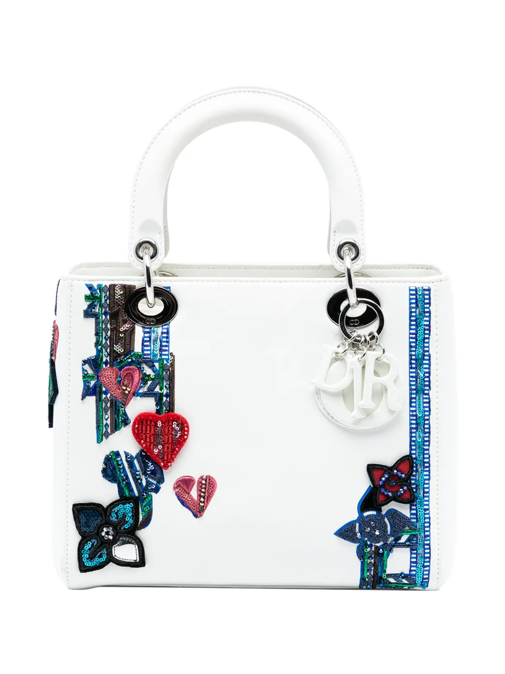 Christian Dior Pre-Owned 2015 Medium Embroidered Calfskin Heart and Floral Sequin Lady Dior satchel - Bianco