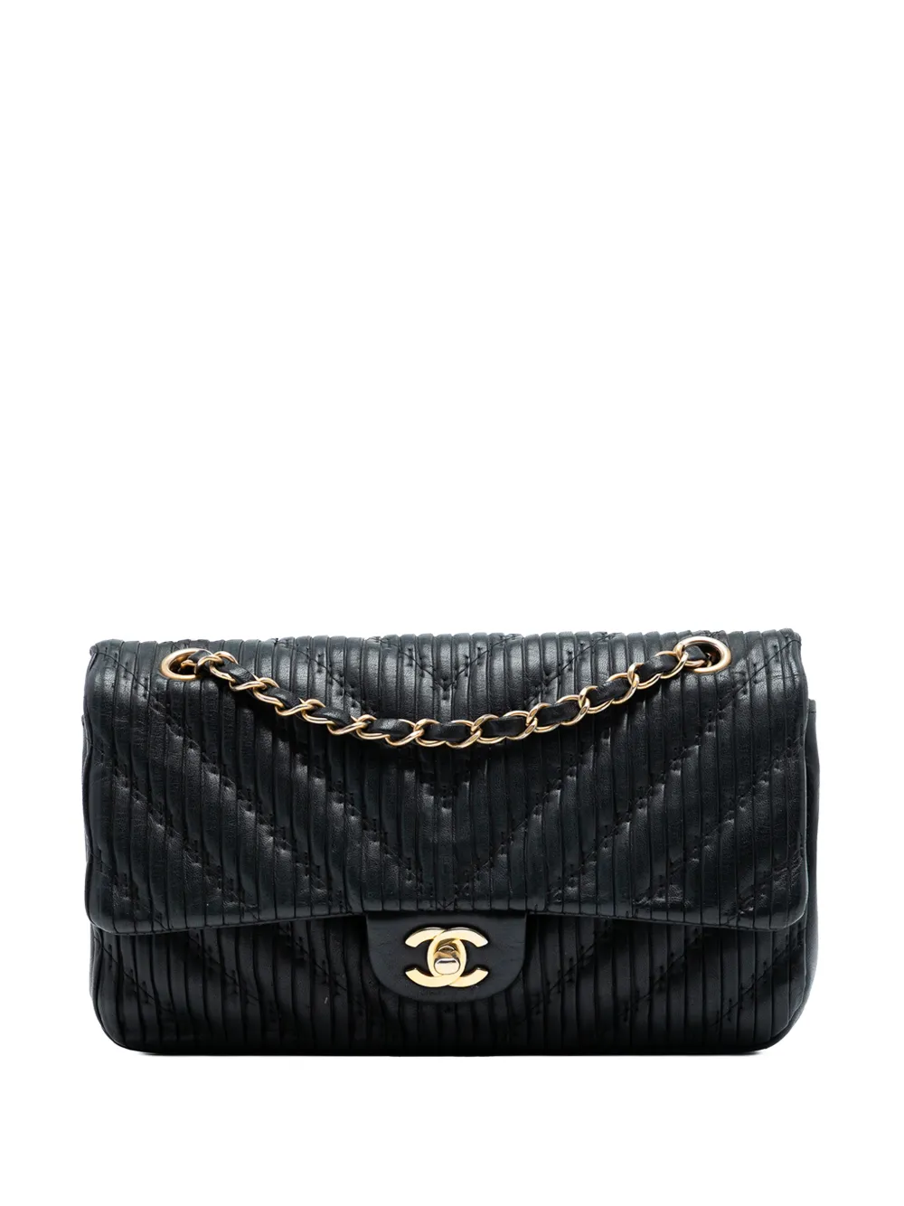 Pre-owned Chanel 2018 Medium Classic Chevron Calfskin Pleated Double Flap Shoulder Bag In Black