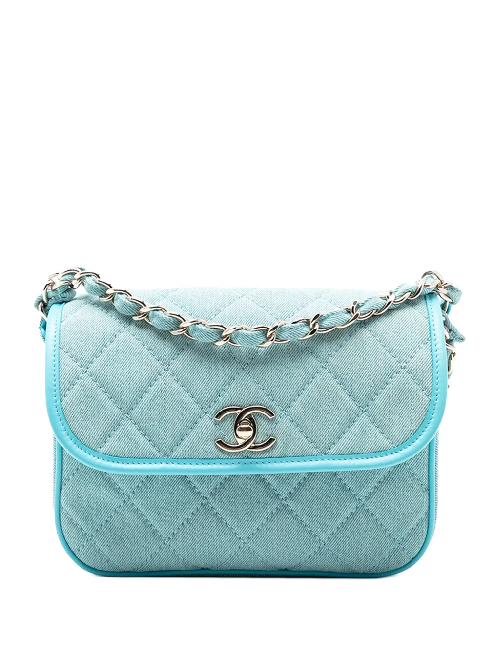 Pre-owned Chanel 2021 Small Cc Quilted Denim Messenger Flap Crossbody Bag In Blue
