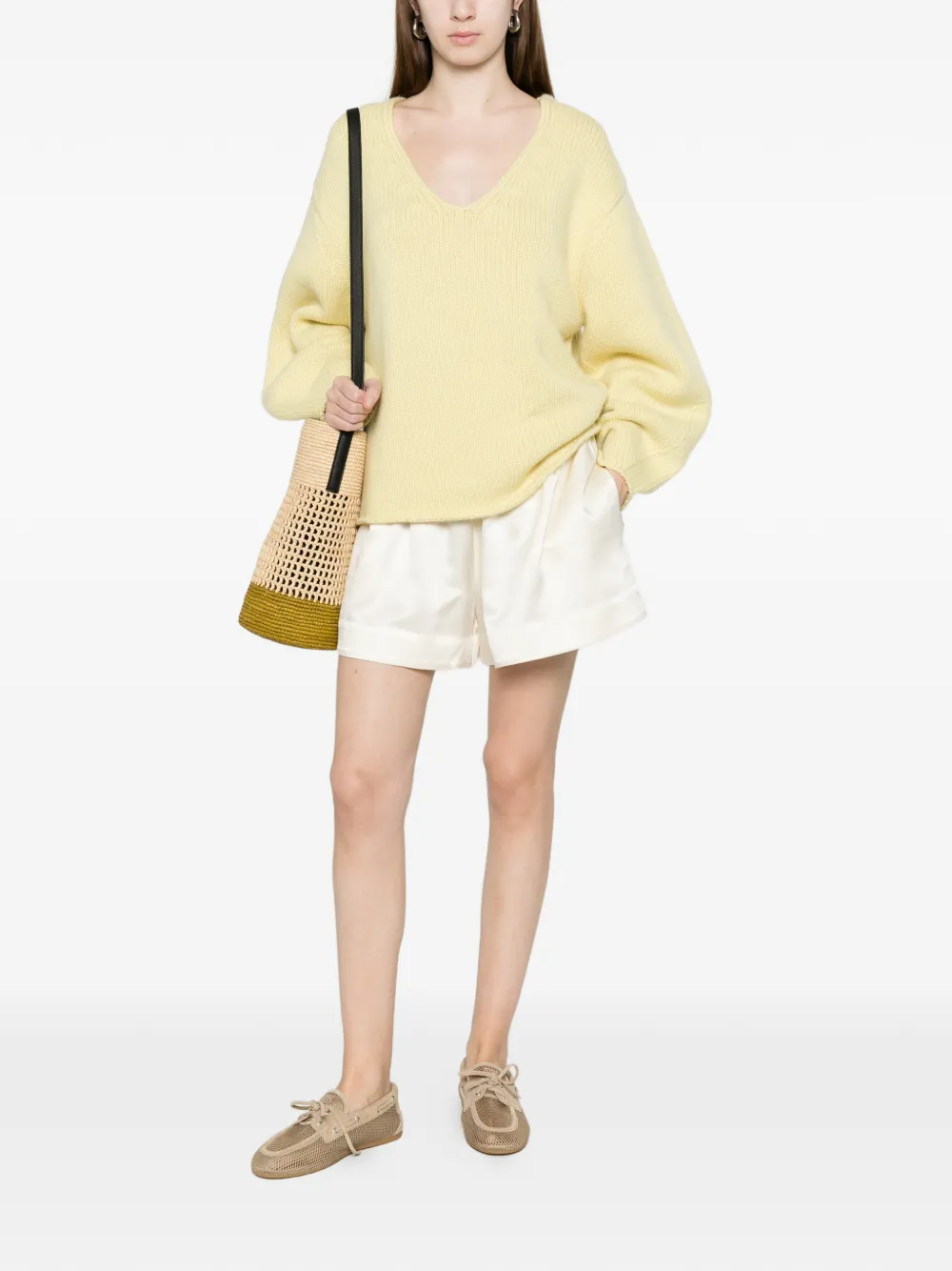  Soft Goat Puff-sleeve V-neck Sweater - Yellow 