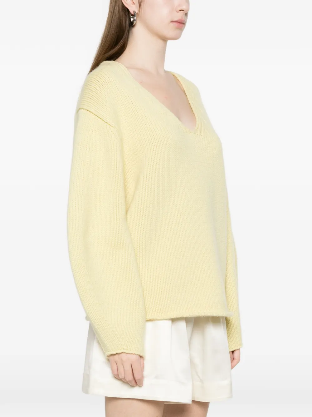  Soft Goat Puff-sleeve V-neck Sweater - Yellow 