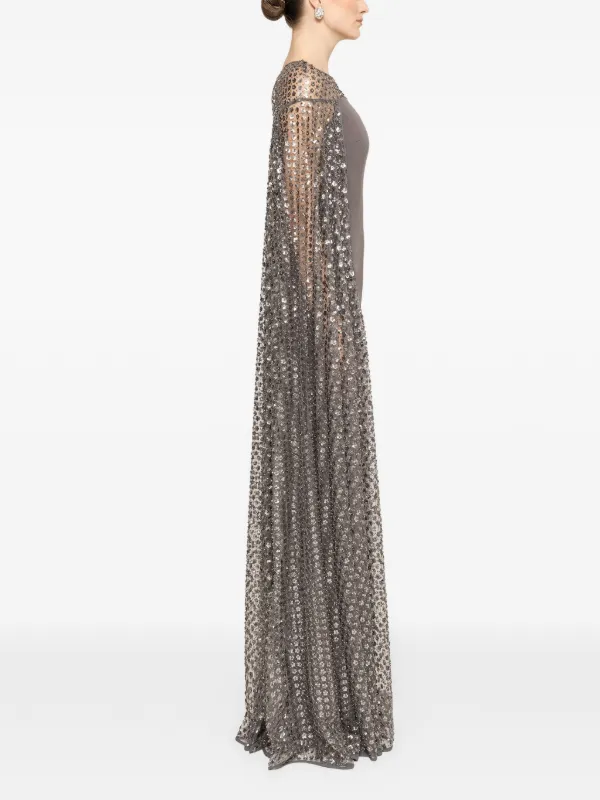 gold sequin dress with cape Lara Cape Sleeve V-Neck Beaded Evening Gown 29356 main image 1