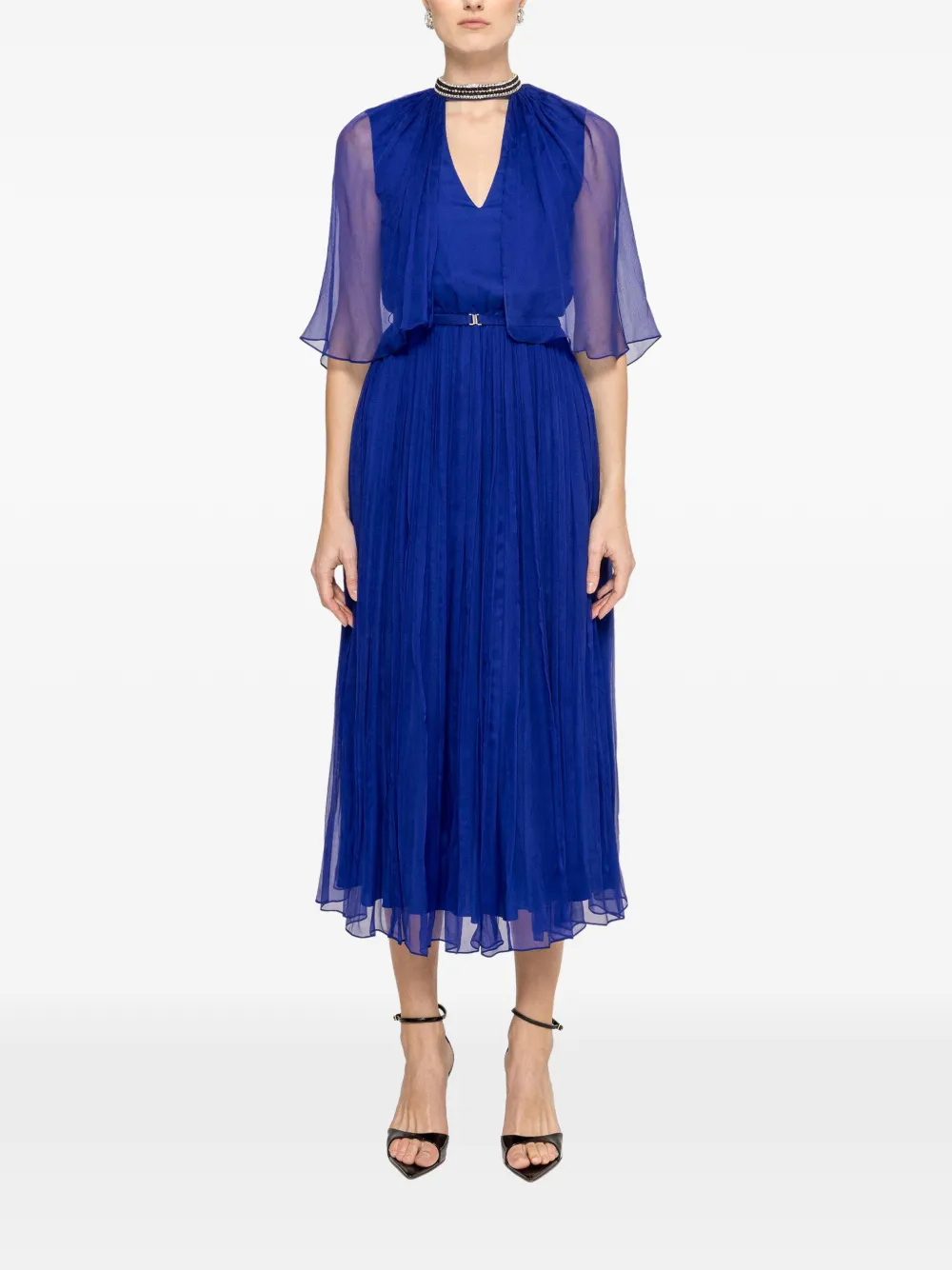 NISSA crystal-detail pleated silk dress - Blauw