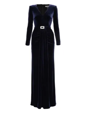 navy blue velvet dress long sleeve Long Sleeves Velvet Mermaid Dresses With Slit main image 1