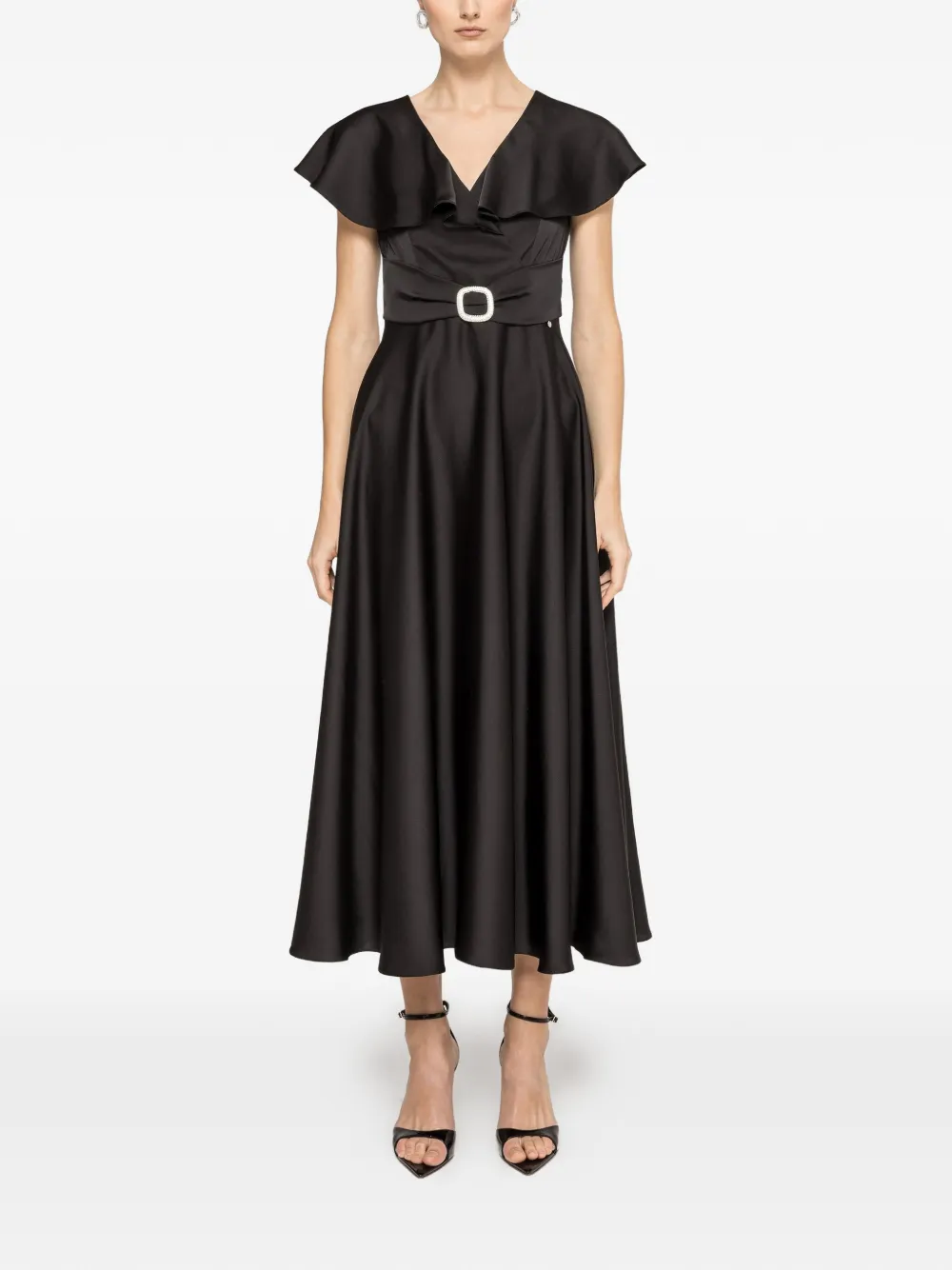 NISSA ruffled belted satin dress - Zwart