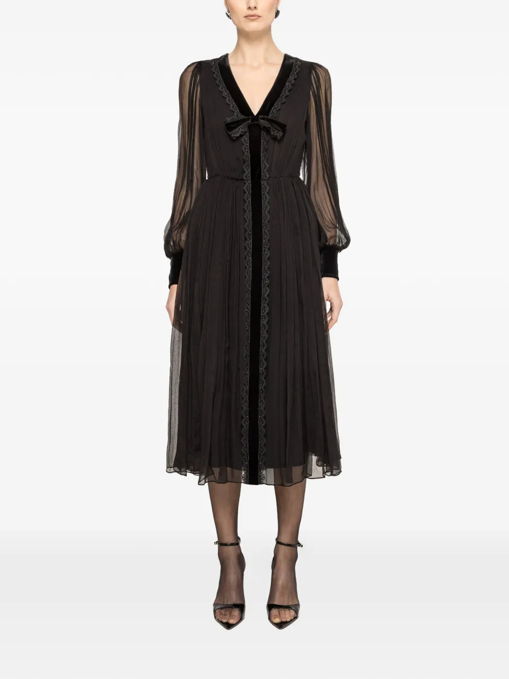 NISSA velvet bow midi dress - Zwart