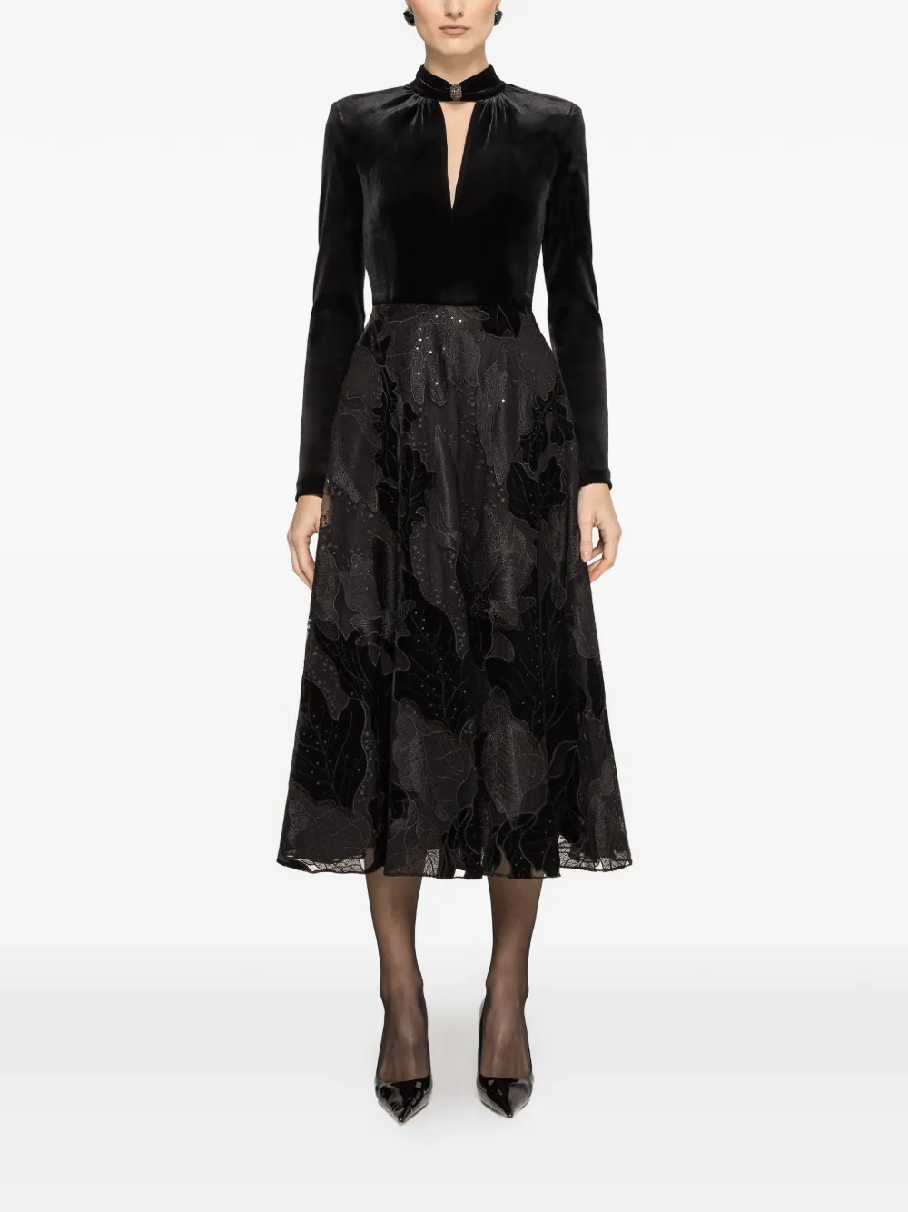 NISSA embroidered velvet midi dress - Zwart