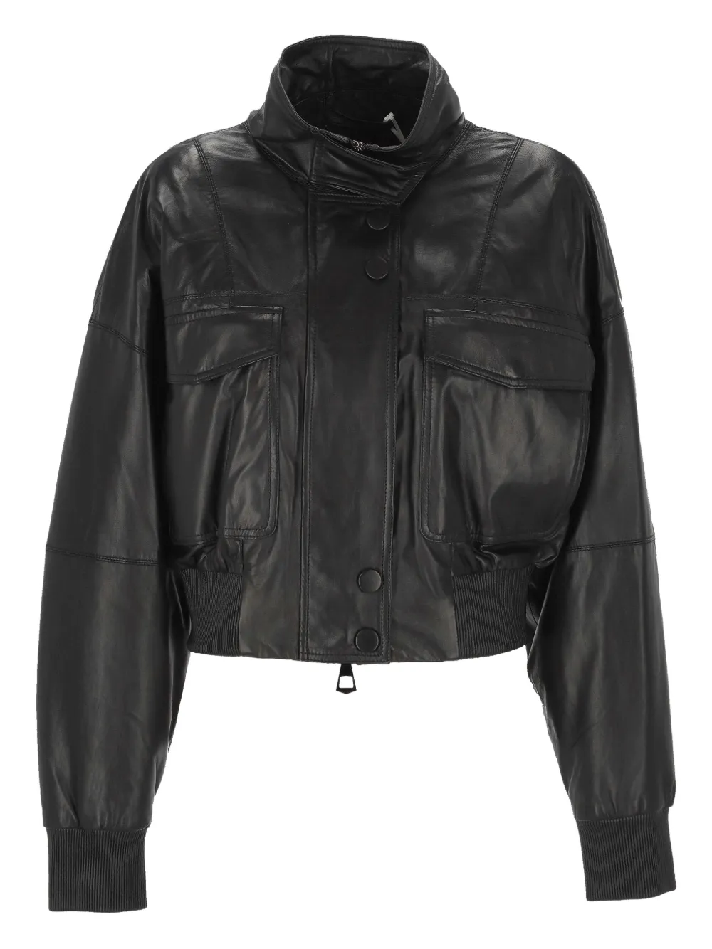 Marella ruffled stand-collar leather bomber jacket - Schwarz