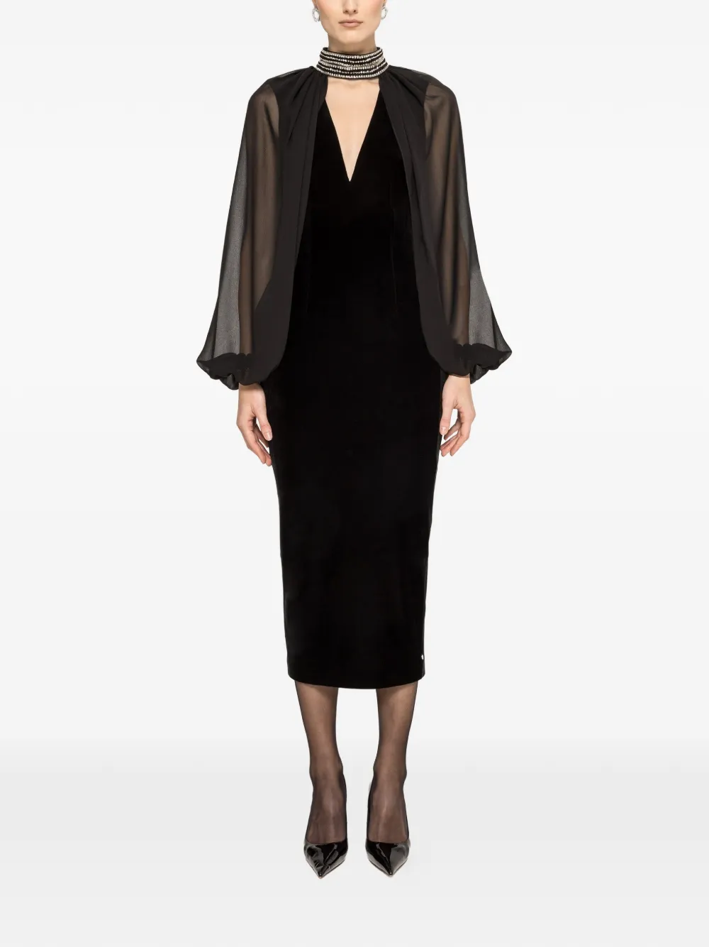 NISSA crystal-embellished velvet midi dress - Zwart