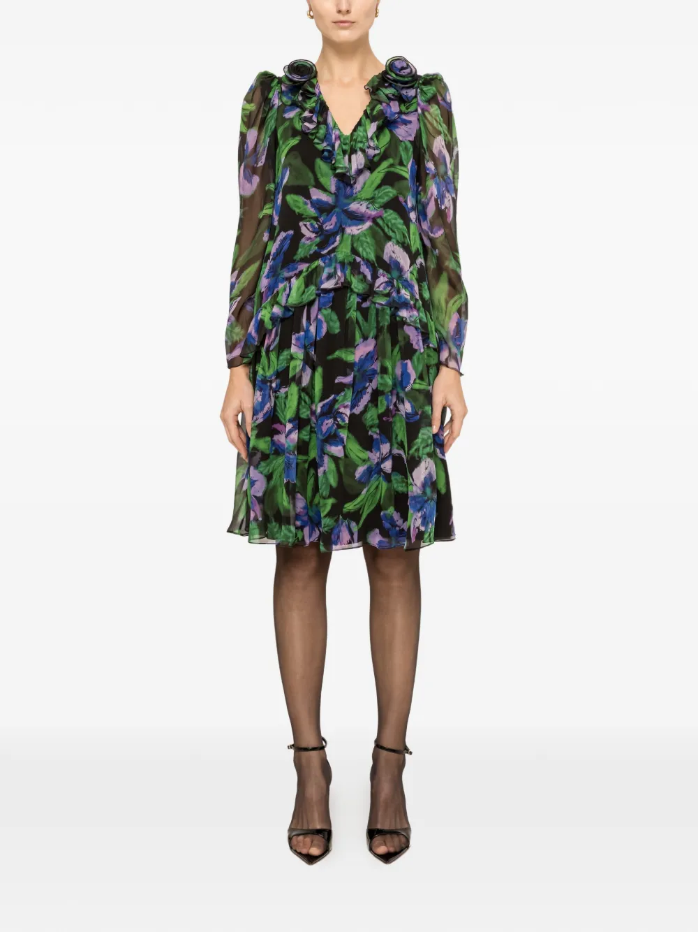 NISSA floral-appliqué mini dress - Nero