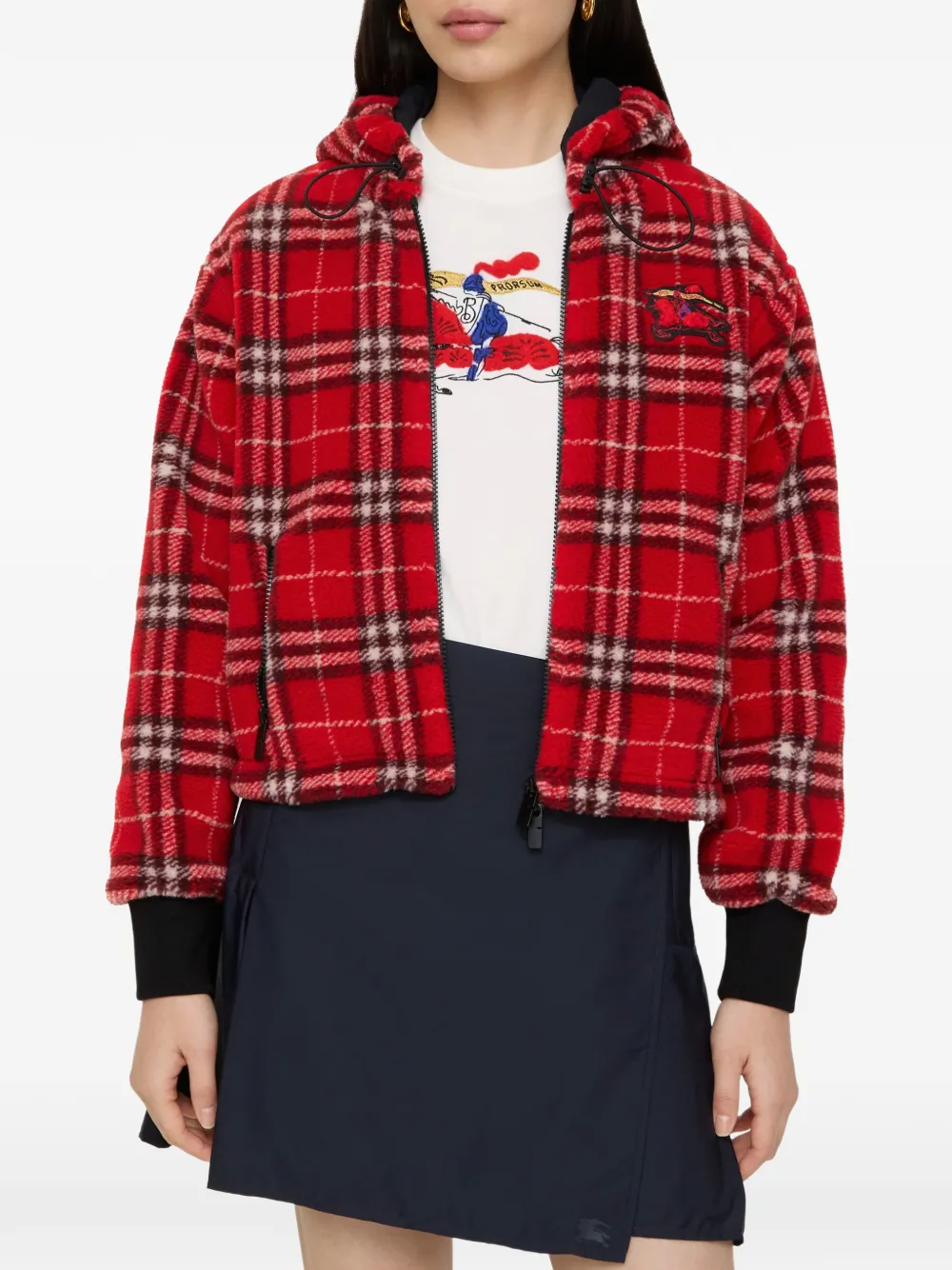  Burberry Check Hooded Fleece Jacket - Red 
