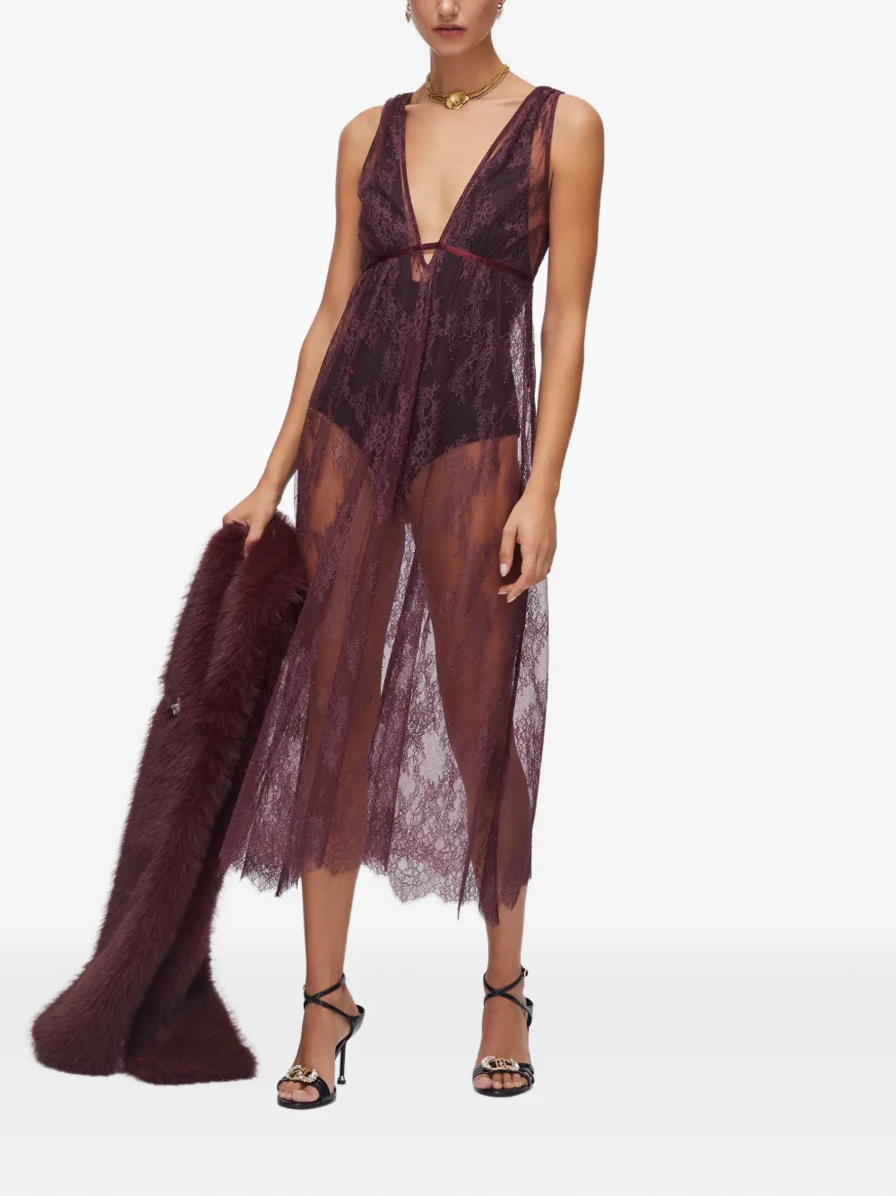 LIU JO Chantilly lace V-neck midi dress - Bruin