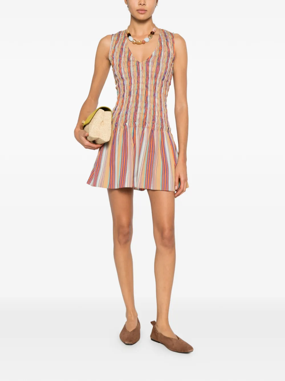 Faithfull the Brand Palomar Mini striped shirred dress - Beige