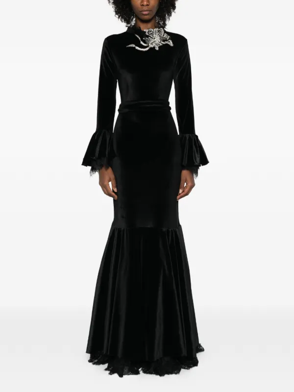 Miau By Clara Rotescu Embellished Bell-sleeve Maxi Dress - Black Miau By Clara Rotescu Embellished Bell-sleeve Maxi Dress - Black