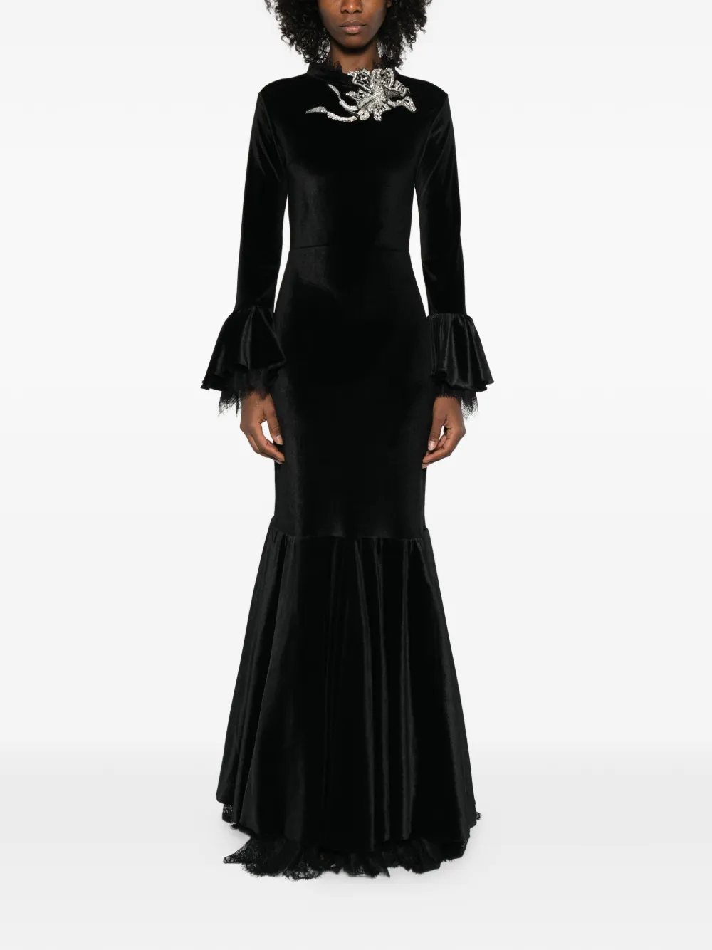 MIAU by Clara Rotescu Verfraaide maxi-jurk met klokmouwen - Zwart