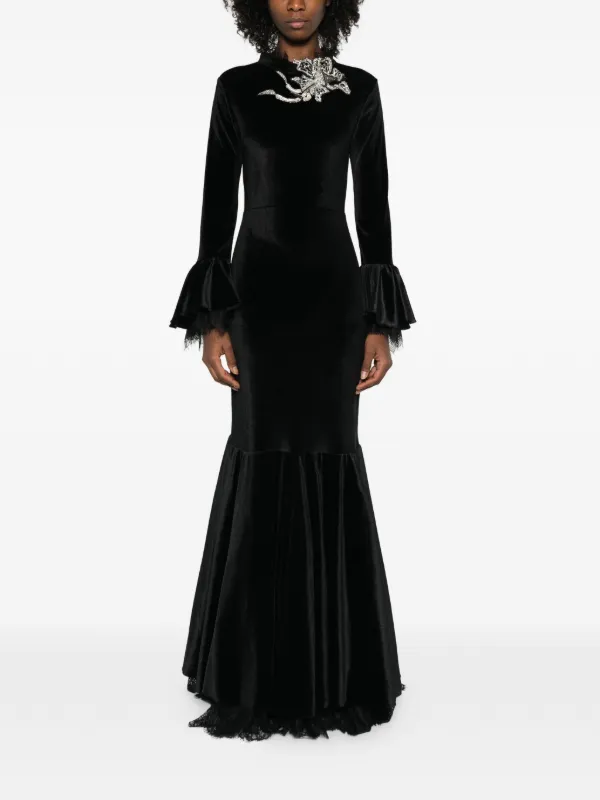 chinese dress ladies Soft Black Maxi Dress with Gathered Sleeves
