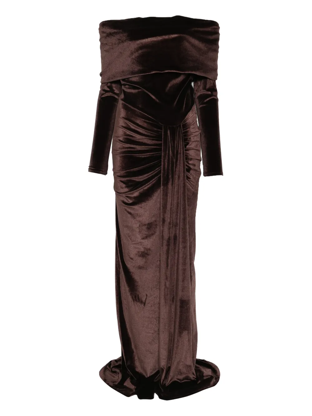 Miau By Clara Rotescu Off-shoulder Draped Maxi Dress In Brown