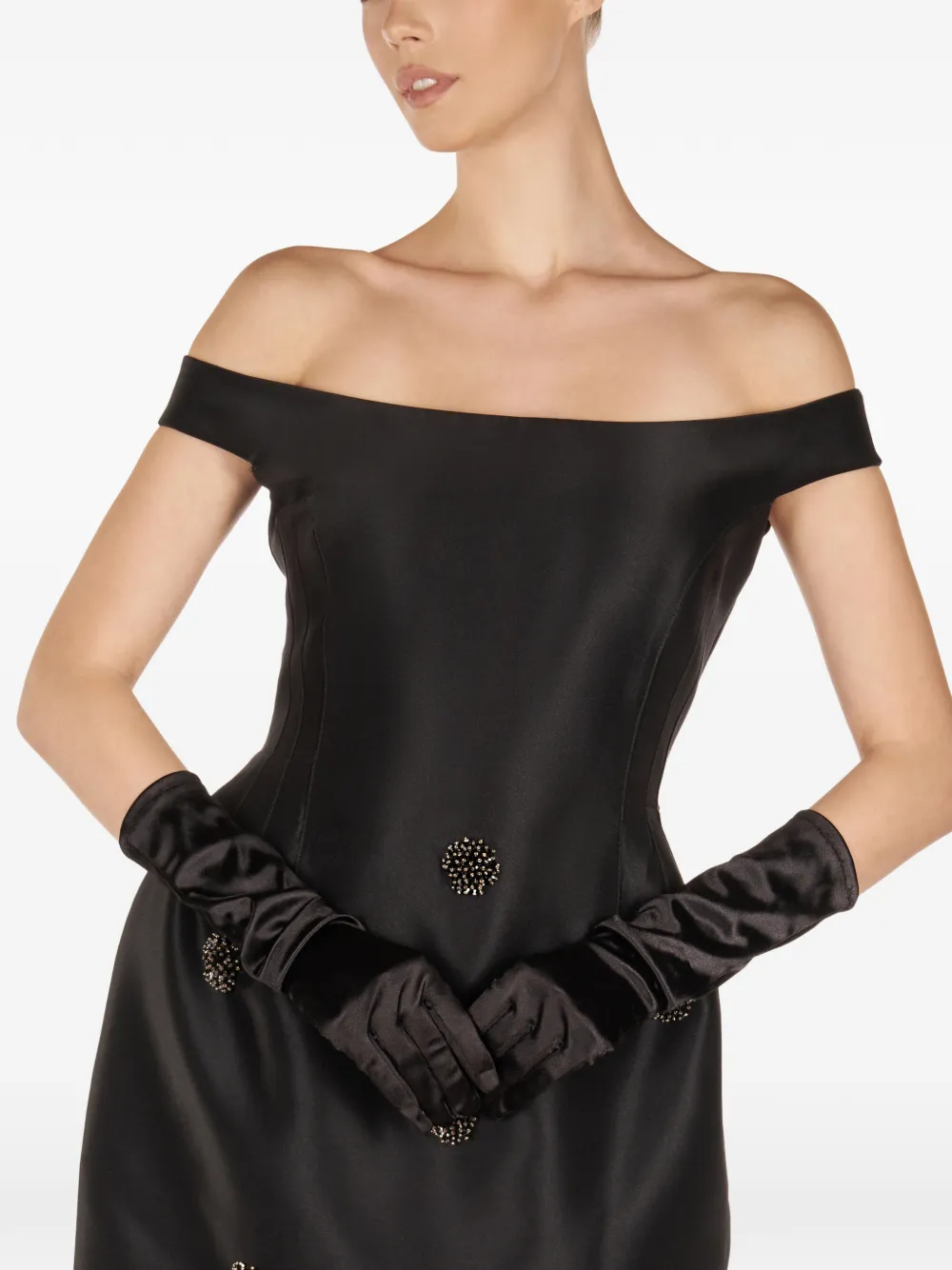 Off-Shoulder Embellished-Detail Mini Dress