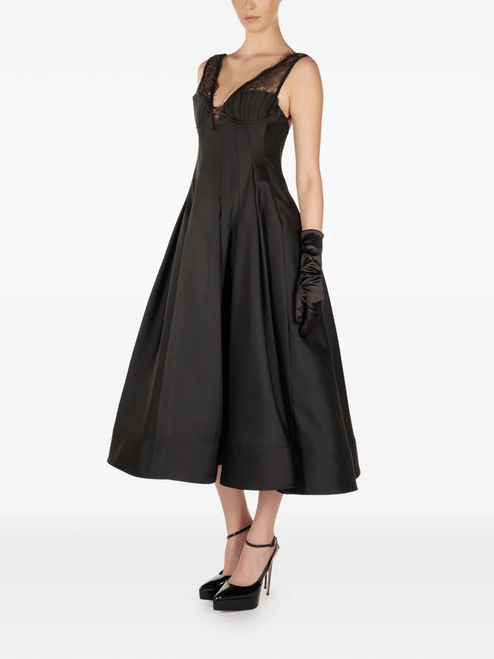 ARAFTU A-lijn midi-jurk met kanten detail - Zwart