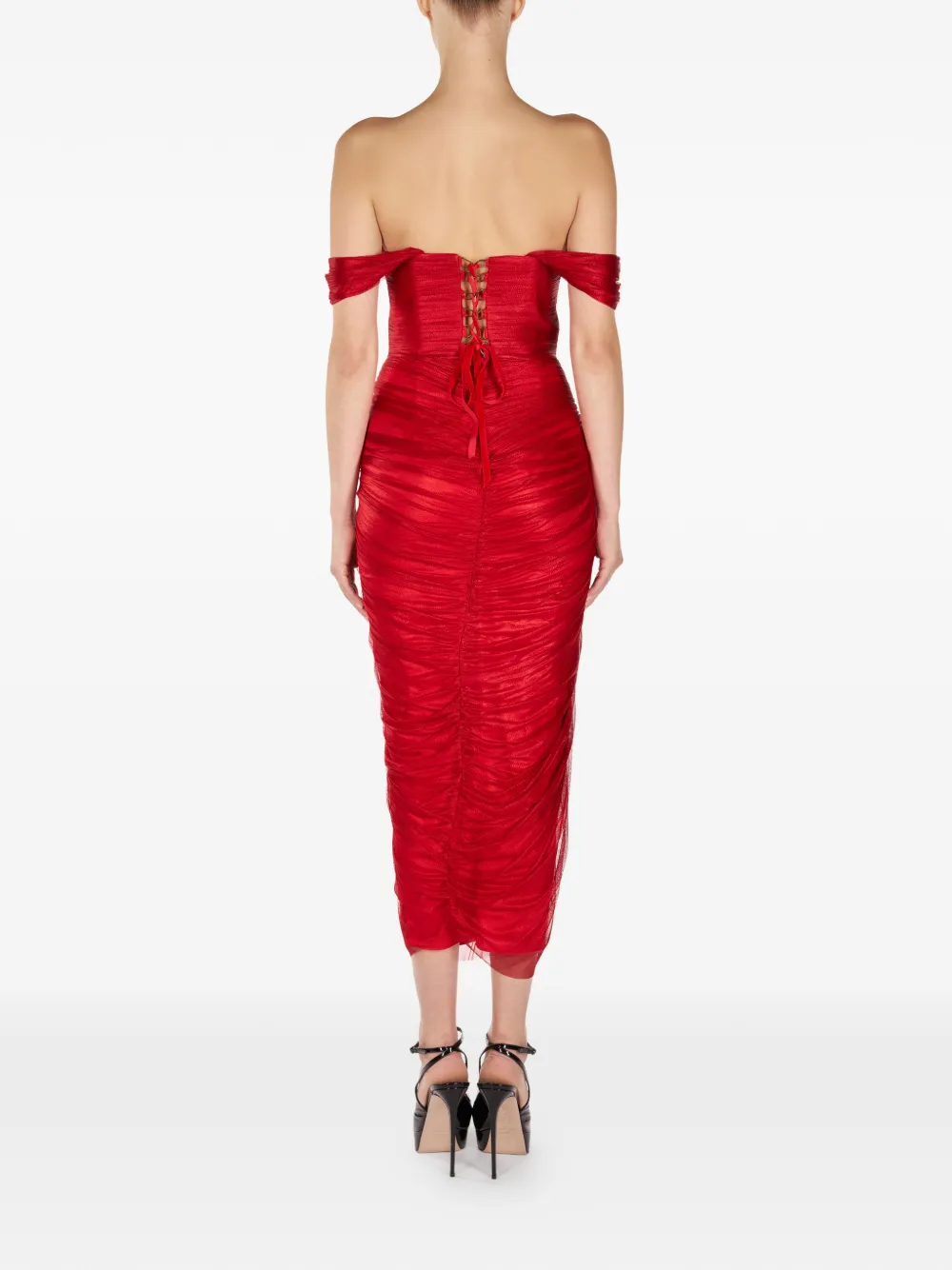 Araftu Off-shoulder Split Midi Dress - Red 