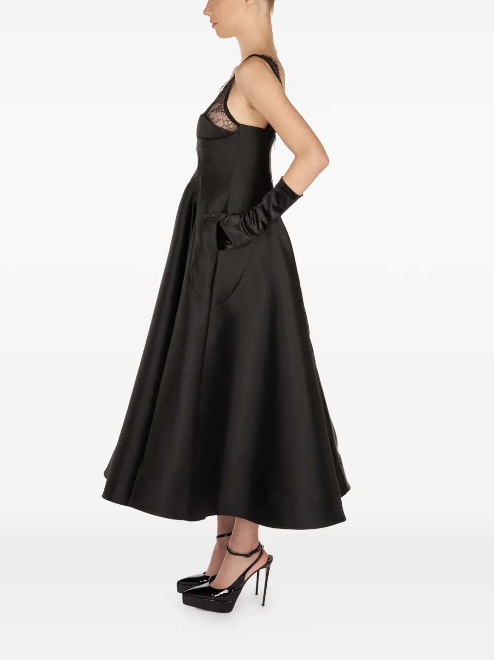 Araftu Lace-detail Flared Midi Dress In Black