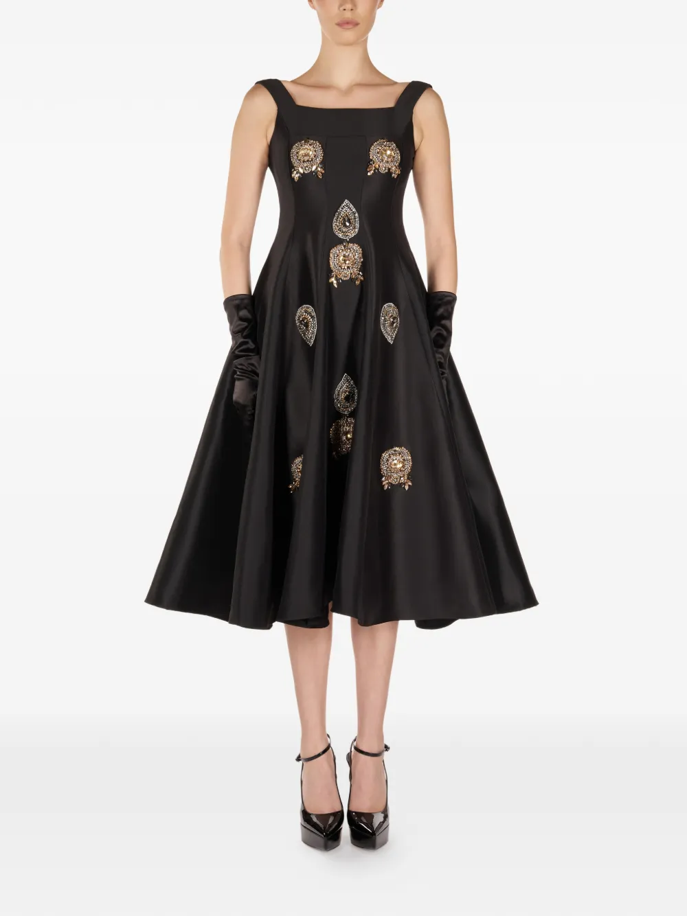 ARAFTU Verfraaide midi-jurk met vierkante hals - Zwart