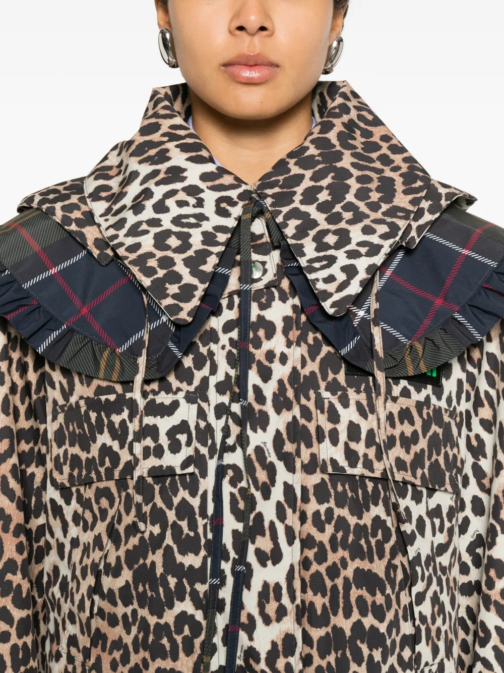 Barbour x Ganni jas met luipaardprint en capuchon Beige