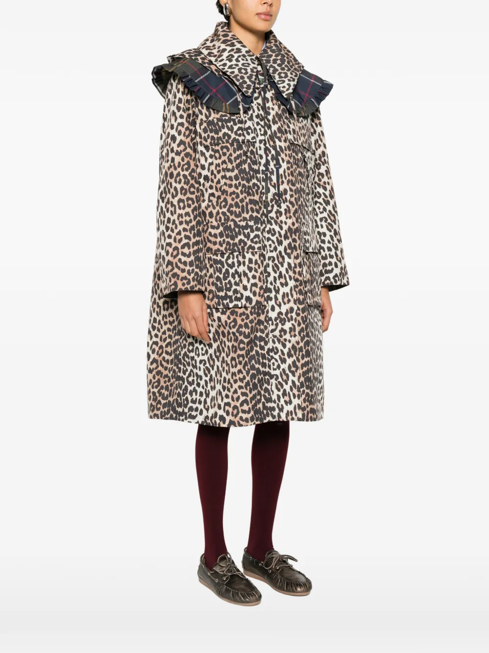 Barbour x Ganni jas met luipaardprint en capuchon Beige