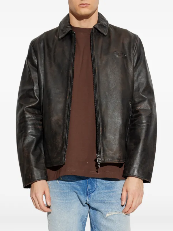 Diesel L-Amar-WRD logo-embossed Leather Jacket | Brown | FARFETCH
